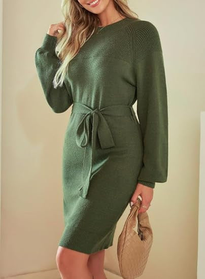 Damen Strickkleid mit Taillengürtel und langen Ärmeln EB