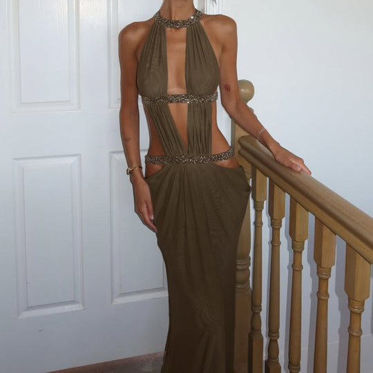 Damen Maxikleid mit tiefem V-Ausschnitt und elegantem Rückendetail EB