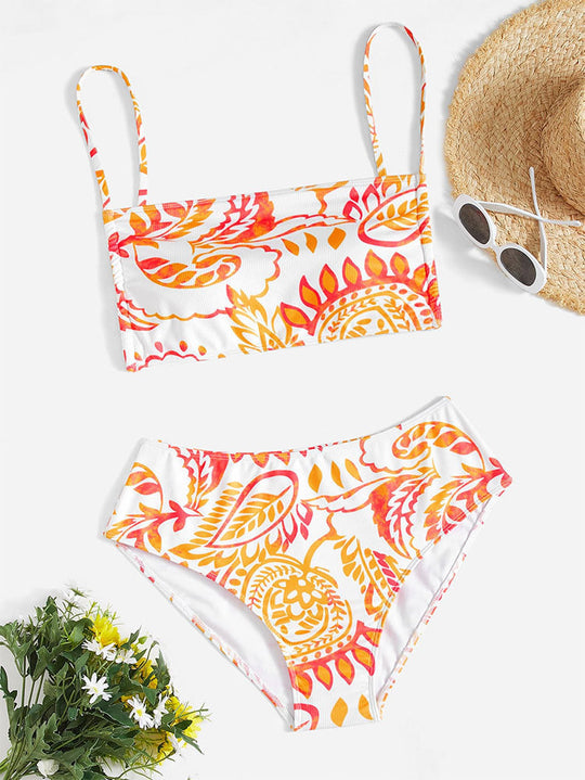 Damen Triangel-Bikini mit fröhlichem Blumenmuster und eleganten Rüschendetails EB