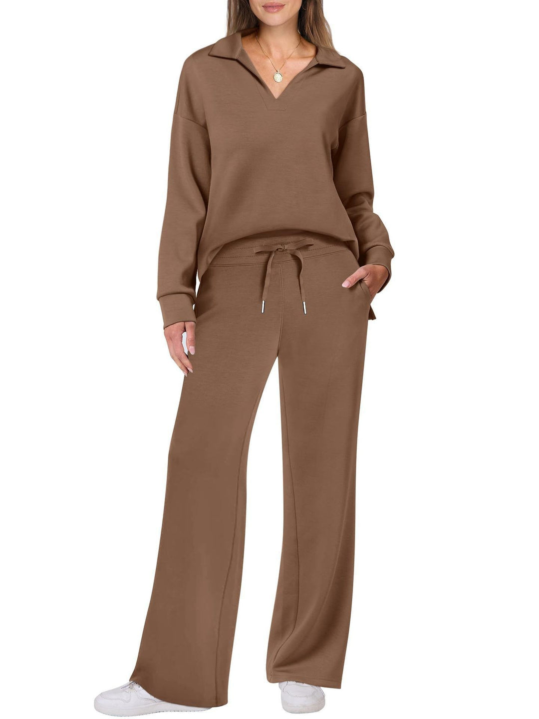 Damen Bequemer Freizeitanzug mit elegantem V-Ausschnitt und lockerem Schnitt EB