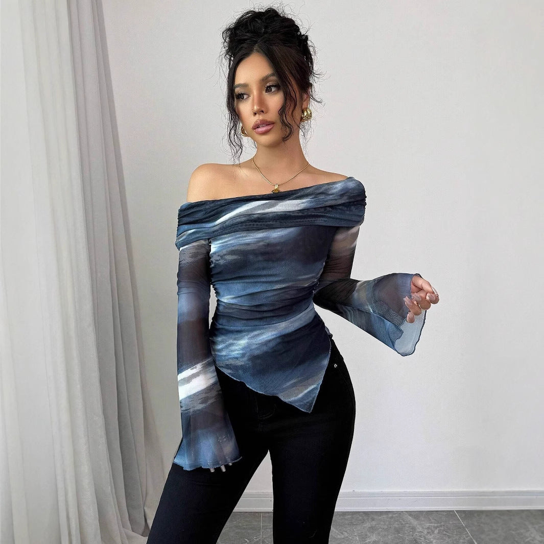 Damen nan schulterfreies Mesh-Wickeltop mit asymmetrischem Zipfelsaum und langen ausgestellten Ärmeln EB