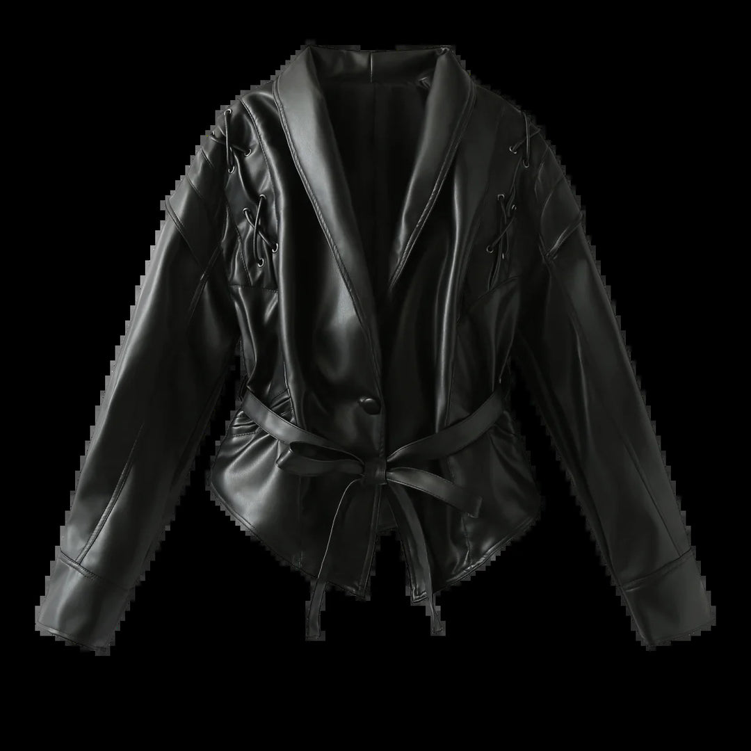 Damen Kunstlederblazer im modernem Design mit praktischem Gürtel EB
