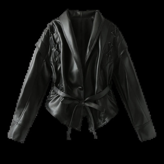 Damen Kunstlederblazer im modernem Design mit praktischem Gürtel EB