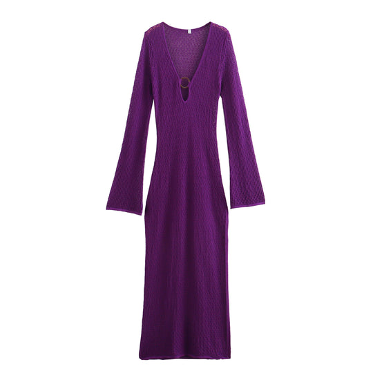 Damen Maxikleid mit tiefem V-Ausschnitt und eleganten langen Ärmeln EB