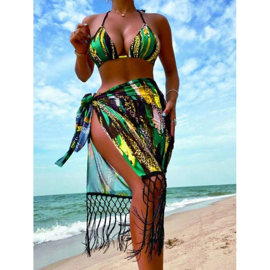 Damen Bikini-Set mit trendigem Fransenüberrock und verstellbaren Trägern EB