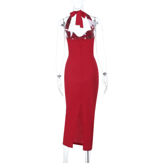 Damen stilvolles A-Linien Kleid mit Halterneck und figurbetontem Schnitt EB