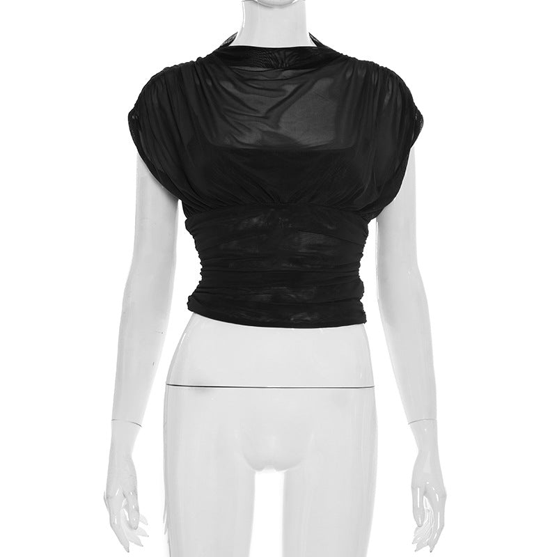 Damen elegantes Oberteil mit modischen Raffungen und transparentem Stoff EB