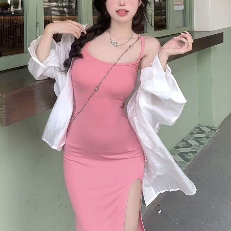 Damen figurbetontes Midi-Kleid mit Spaghetti-Trägern und hohem Schlitz EB