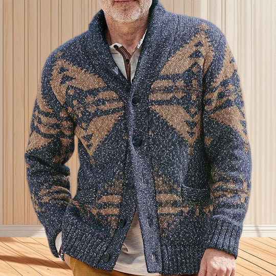 Herren Strickjacke mit einzigartigem geometrischen Muster und tiefem Kragen EB