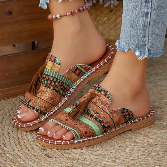 Damen Casual Slip-On Sandalen mit buntem Webdesign und Quasten EB