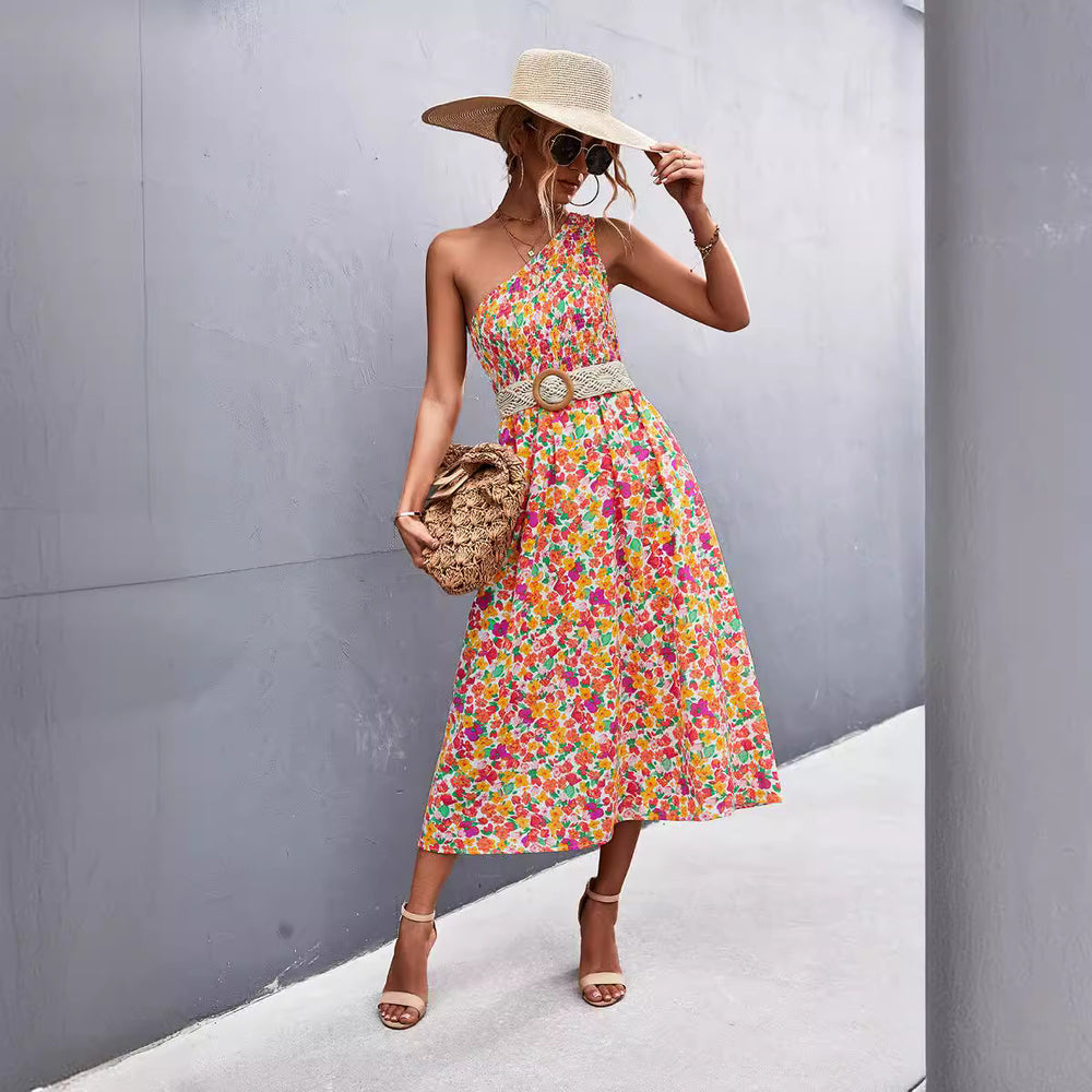 Damen Maxikleid mit asymmetrischem Trägerdesign und floralem Allover-Muster EB