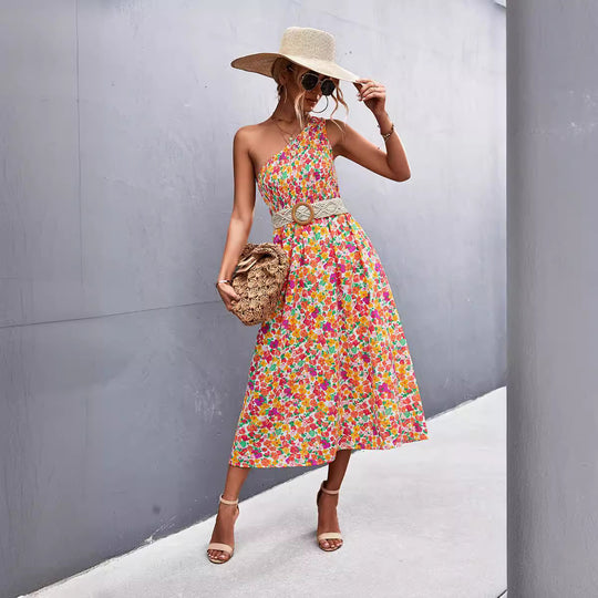 Damen Maxikleid mit asymmetrischem Trägerdesign und floralem Allover-Muster EB