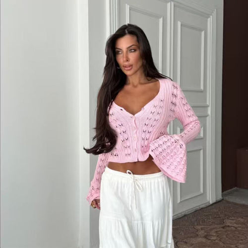 Damen Stylische Strickjacke mit V-Ausschnitt und Schlagärmeln EB