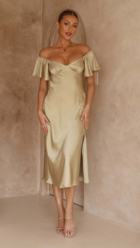 Damen elegantes Off-Shoulder Maxikleid mit seitlichem Schlitz und luftigen Rüschendetails EB