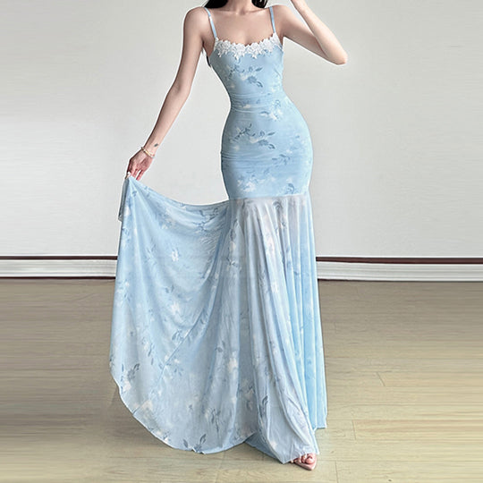 Damen Maxikleid mit floralem Druck und eleganter Spitzenborte EB