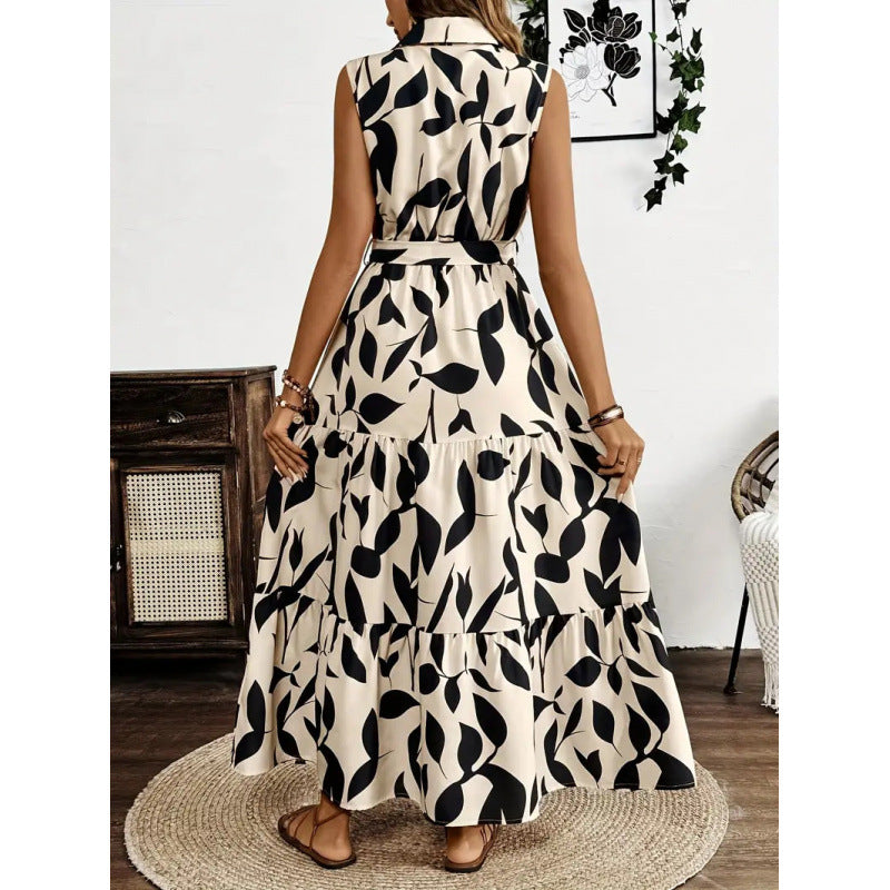 Damen Maxi-Kleid mit maskulinem Blätterdruck und tailliertem Gürtel EB