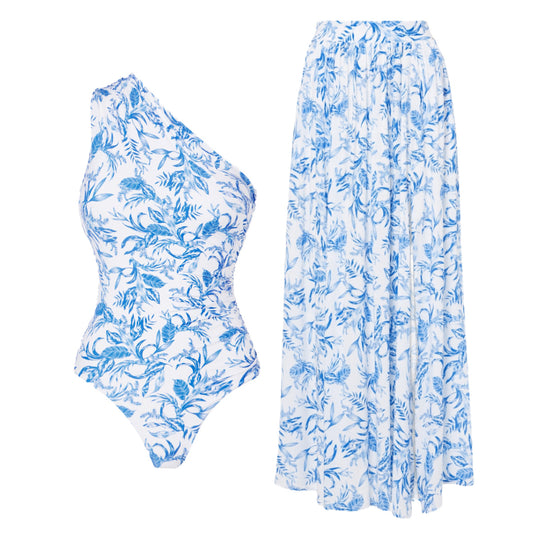 Damen Badeanzug mit asymmetrischem Schnitt und passendem Maxi-Rock EB
