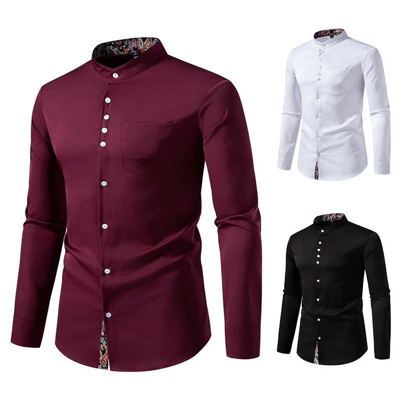 Herren Langarm Hemd mit modernem Stehkragen und Paisleymuster EB