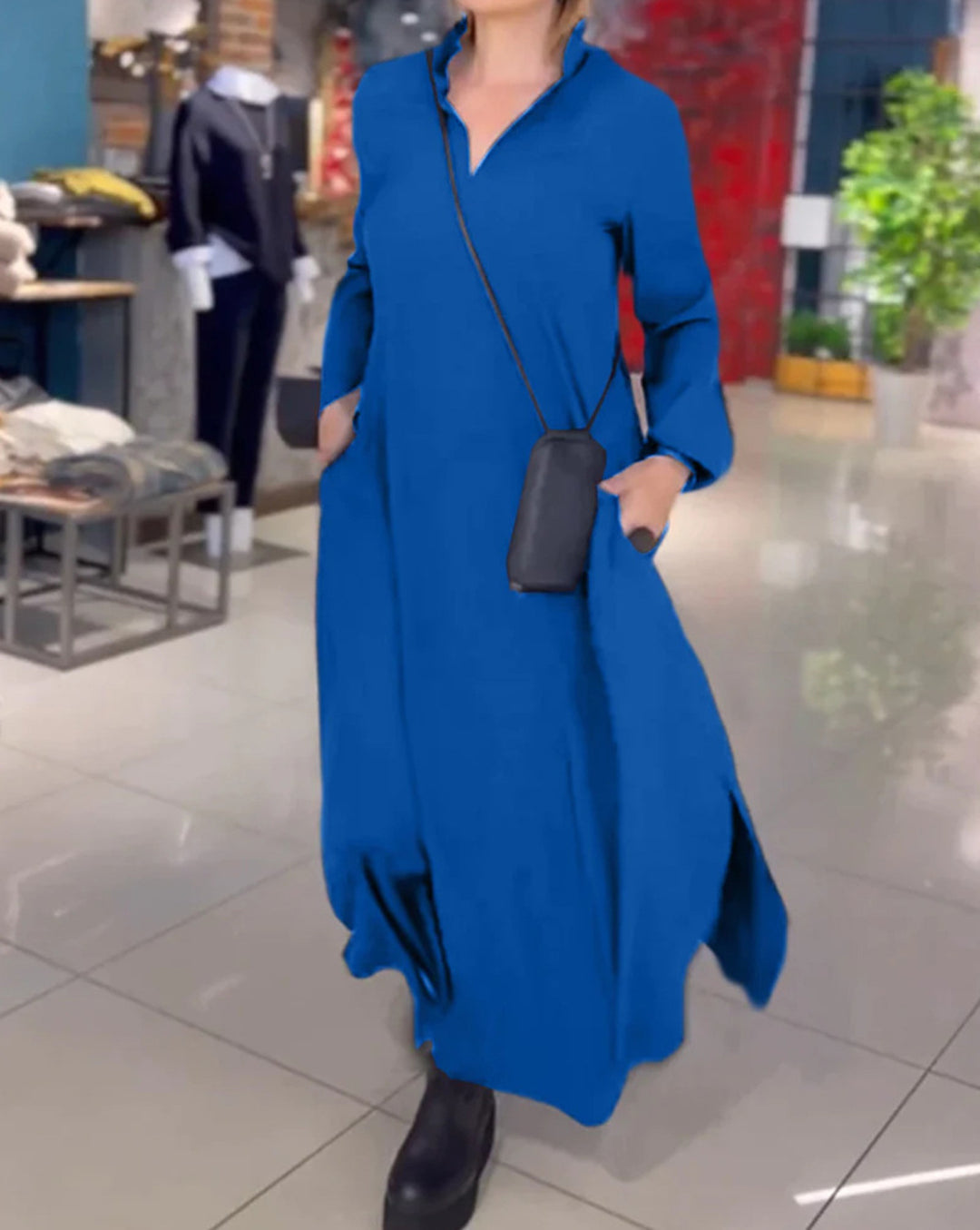 Damen elegantes Maxikleid mit praktischen Taschen und modernem Stehkragen EB