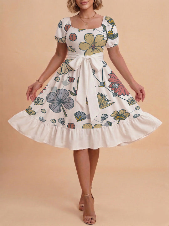 Damen Midi Kleid mit elegantem Blumendruck und tailliertem Gürtel EB