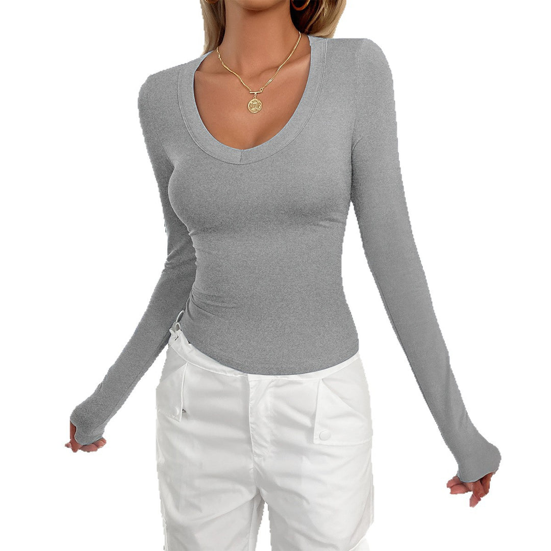 Damen nan figurnahes Langarmshirt mit tiefem Rundhalsausschnitt und elastischem Stretchjersey EB