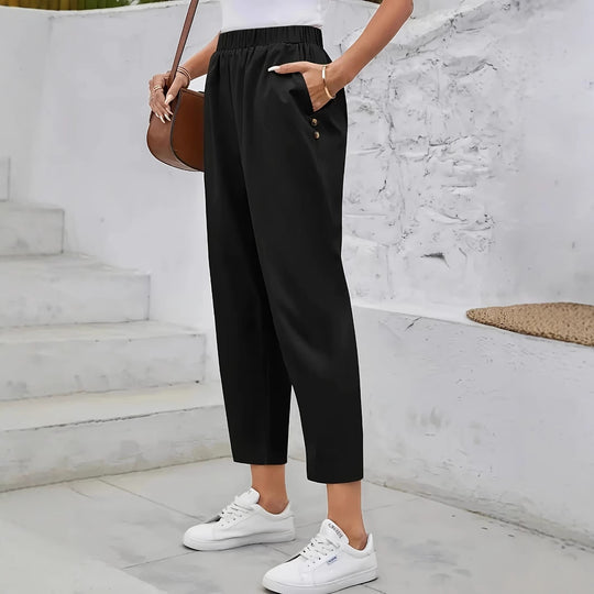 Damen Schnittige Chino-Hose mit elastischem Bund und dekorativen Knopfdetails EB