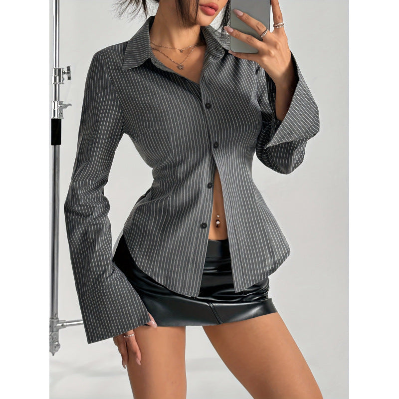 Damen Elegante Hemdbluse mit gestreiftem Design und weit ausgestellten Ärmeln EB