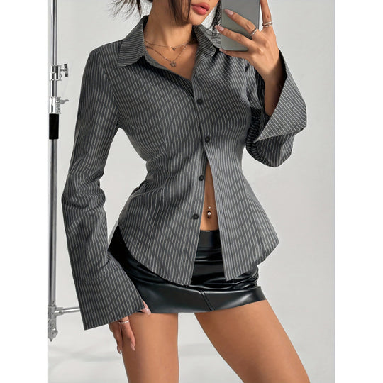 Damen Elegante Hemdbluse mit gestreiftem Design und weit ausgestellten Ärmeln EB