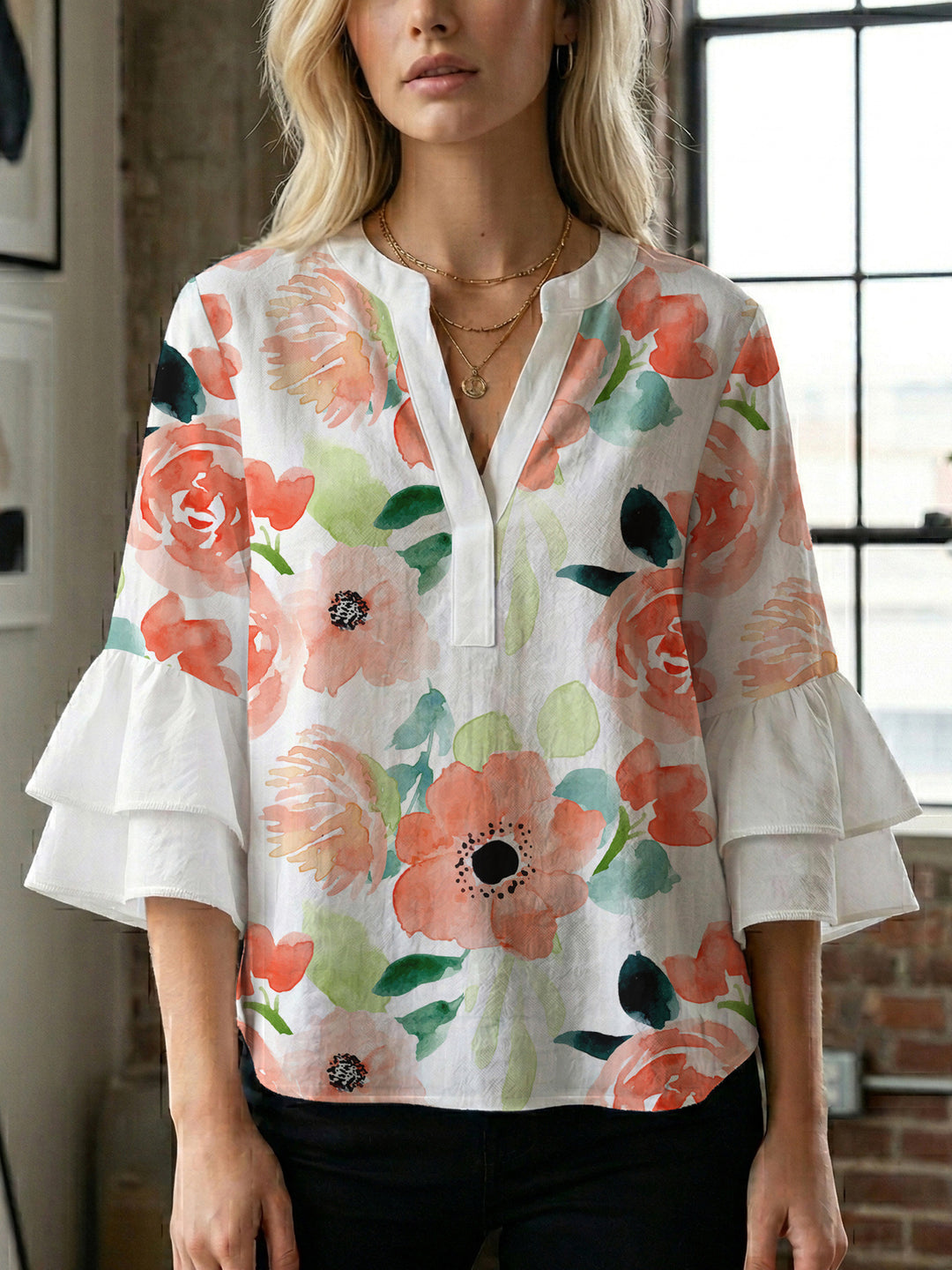 Damen Elegantes Oberteil mit voluminösen Rüchenärmeln und floralem Druck EB