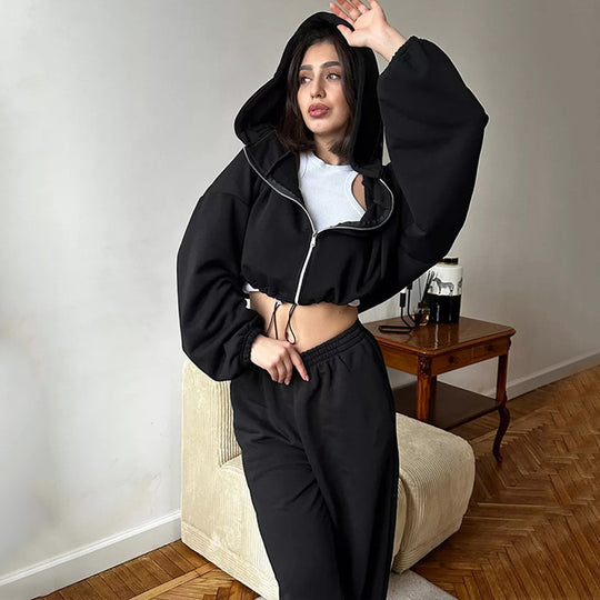 Damen nan cropped Reißverschluss-Hoodie mit Tunnelzugsaum und weitem Sweatpants-Schnitt EB