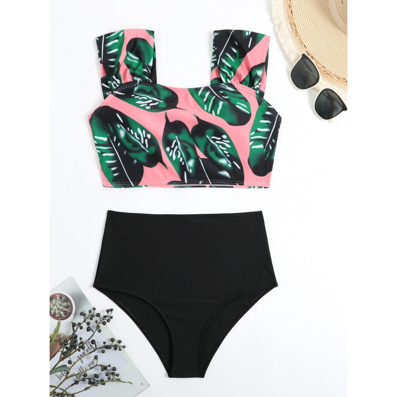 Damen Hochgeschnittener Bikini mit modischem Streifenmuster und floralem Unterteil EB