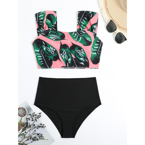 Damen Hochgeschnittener Bikini mit modischem Streifenmuster und floralem Unterteil EB