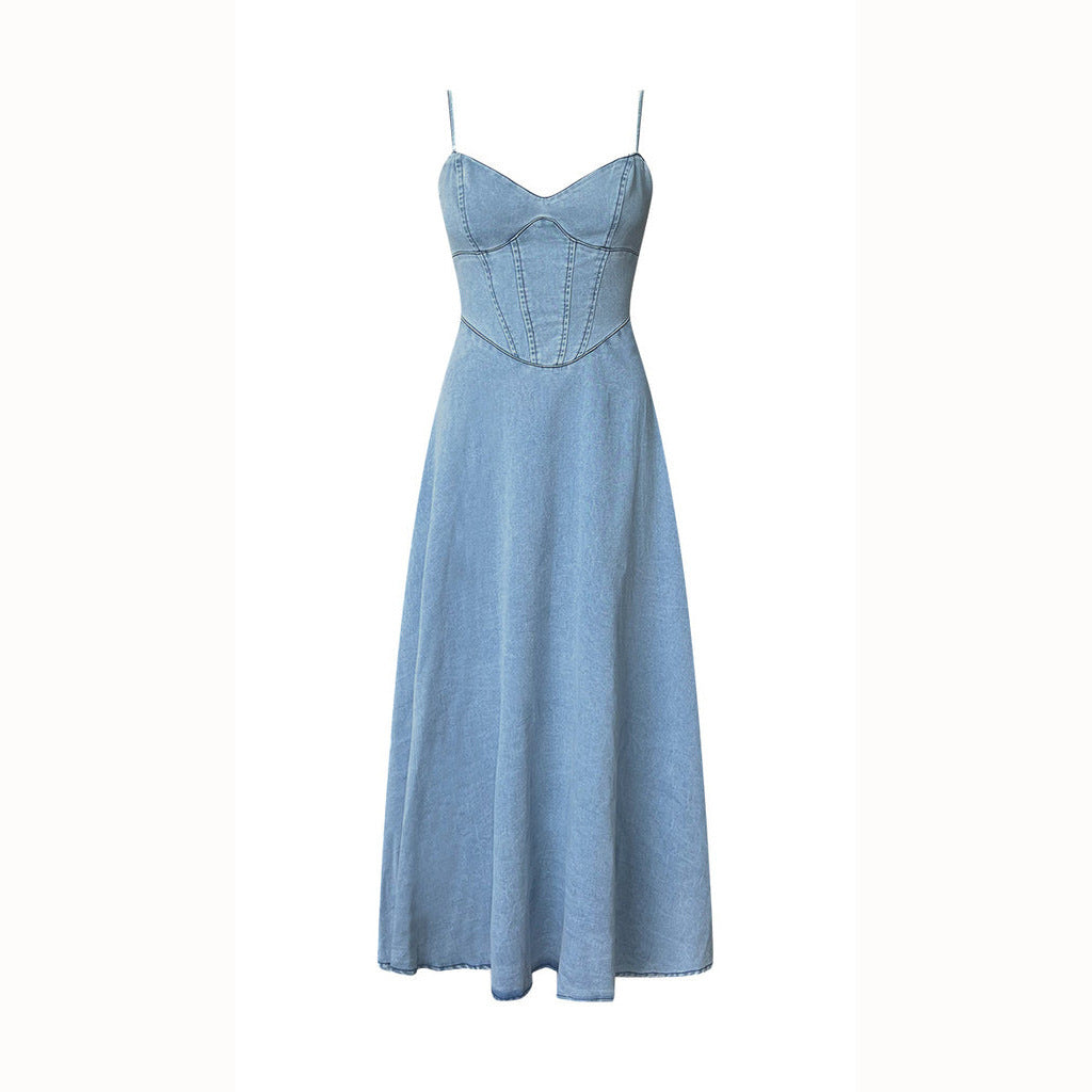 Damen Maxikleid im Denim-Stil mit tailliertem Schnitt und Spaghetti-Trägern EB