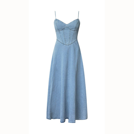 Damen Maxikleid im Denim-Stil mit tailliertem Schnitt und Spaghetti-Trägern EB