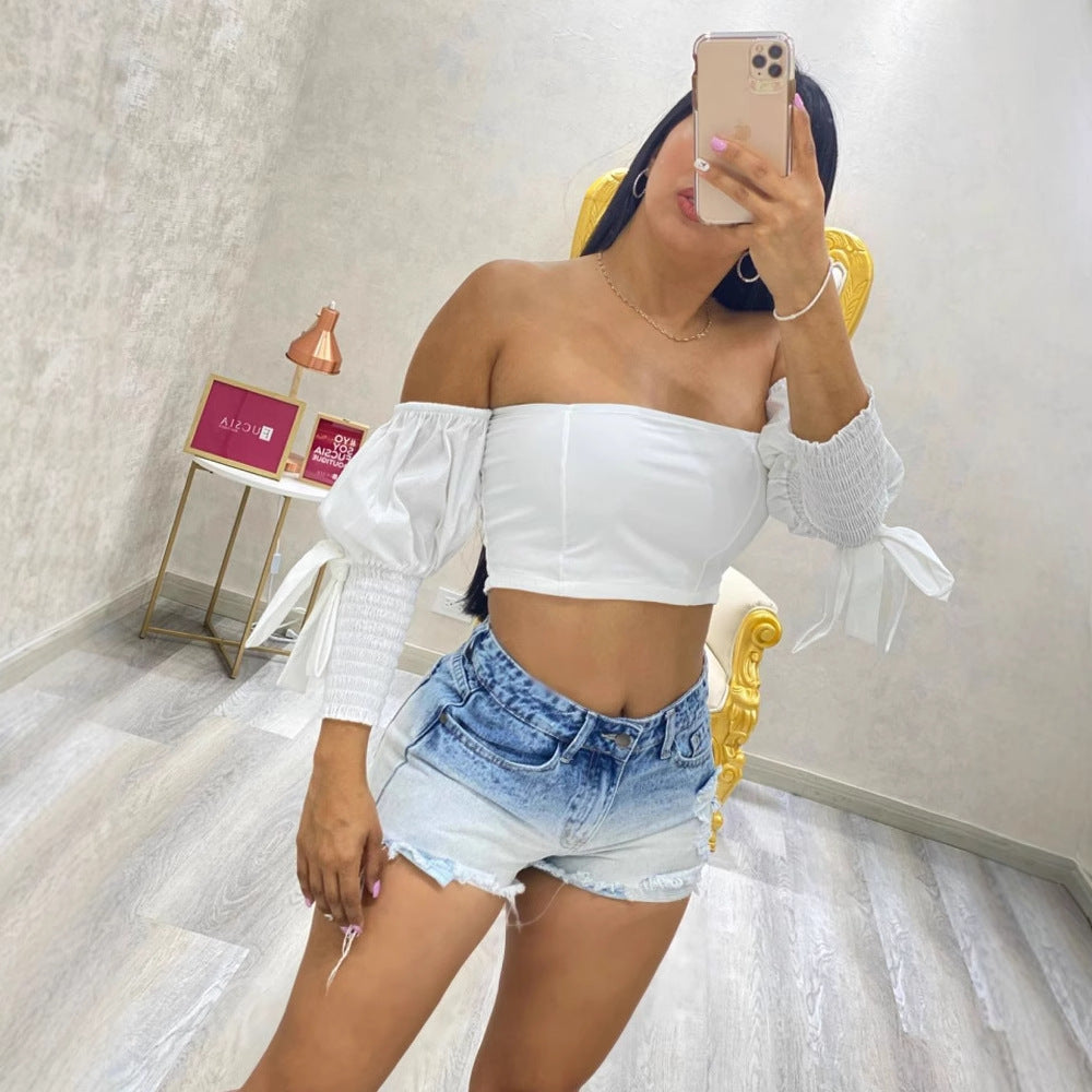 Damen Crop Top mit Puffärmeln und elastischen Details EB