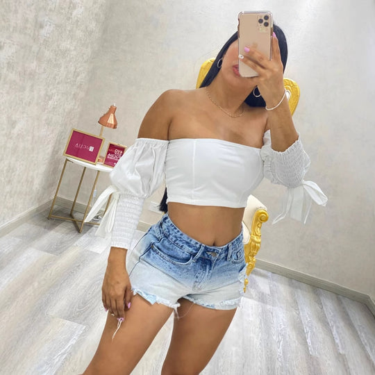Damen Crop Top mit Puffärmeln und elastischen Details EB