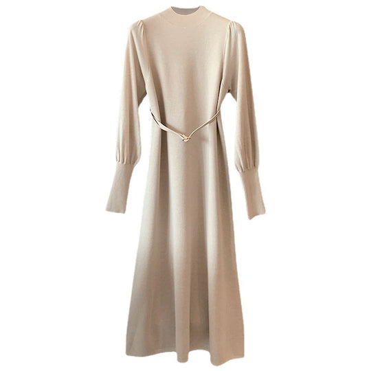 Damen Elegantes Knielanges Kleid mit Gürtel und Langarm EB