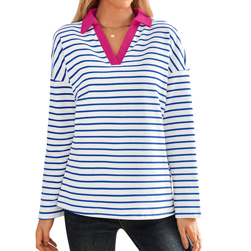 Damen gestreiftes Polo-Shirt mit V-Ausschnitt und kontrastierendem Kragen EB