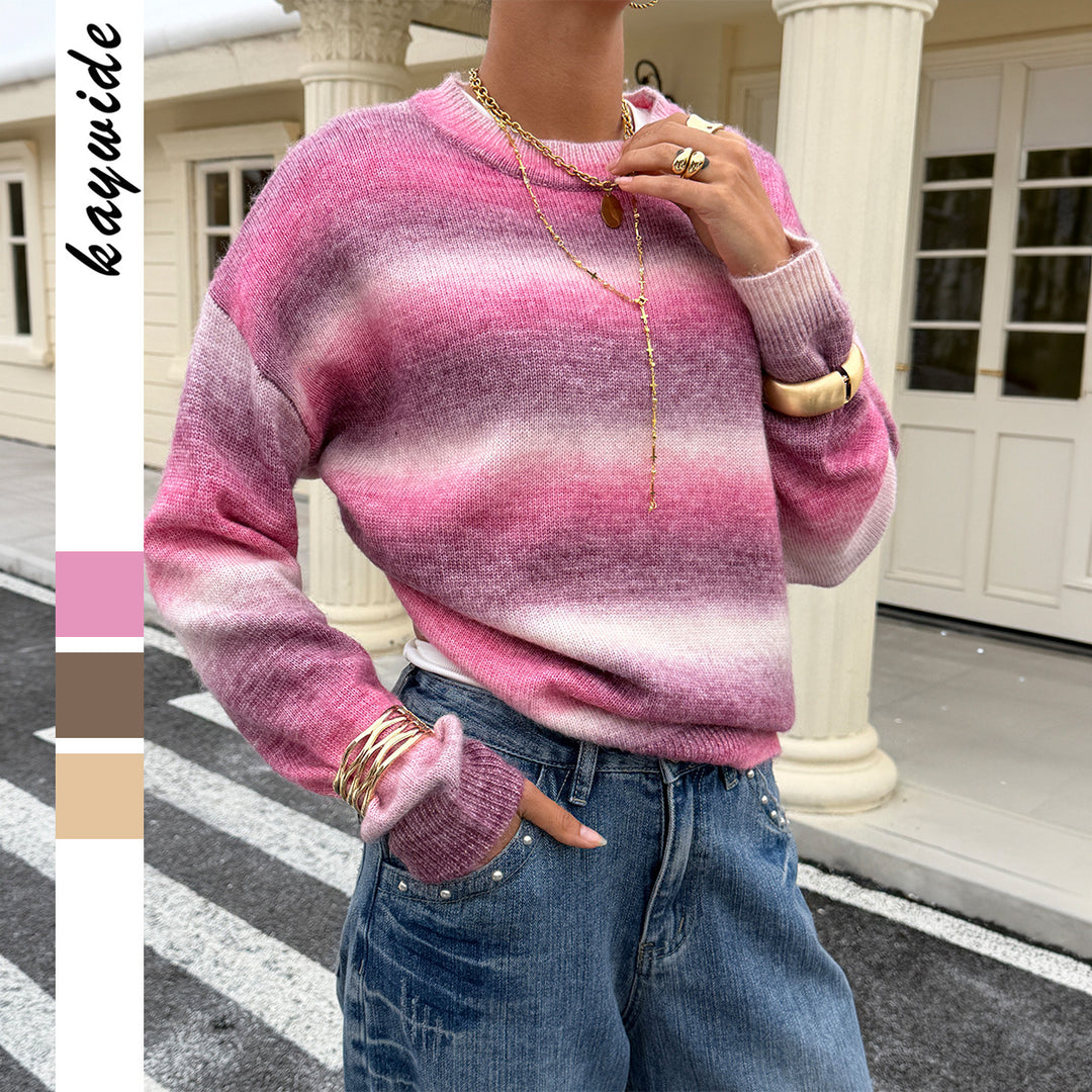 Damen nan Oversized-Feinstrickpullover mit Ombre-Verlauf, Rundhalsausschnitt und überschnittener Schulter EB