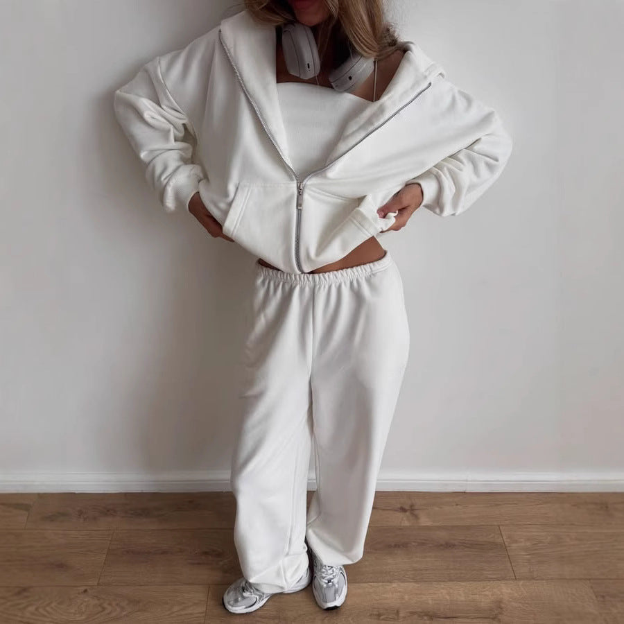Damen Baumwoll-Fleece Lounge-Set mit Oversize-Zip-Hoodie und Palazzo-Sweatpants EB