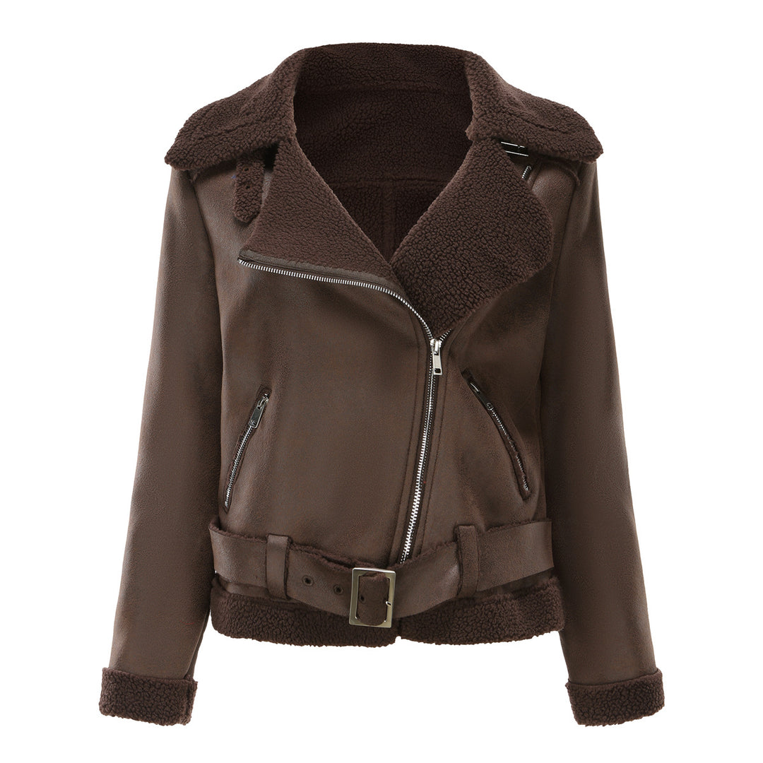Damen nan taillierte Lammfellimitat-Fliegerjacke mit Gürtel und Teddyfutter EB