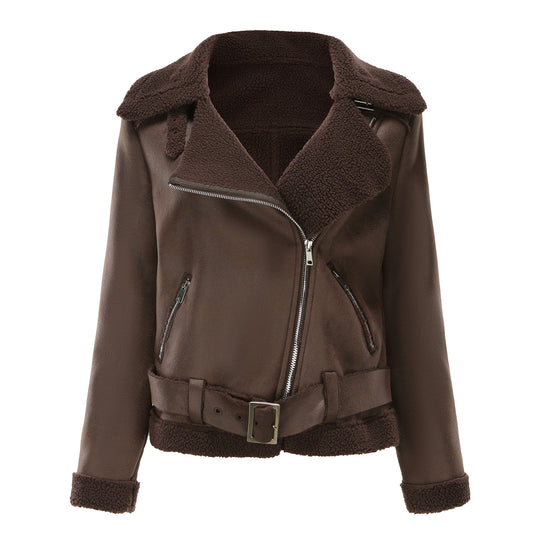 Damen nan taillierte Lammfellimitat-Fliegerjacke mit Gürtel und Teddyfutter EB