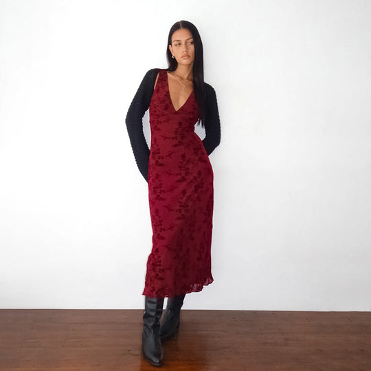 Damen Maxikleid mit tiefem V-Ausschnitt und floralem Spitzenmuster EB