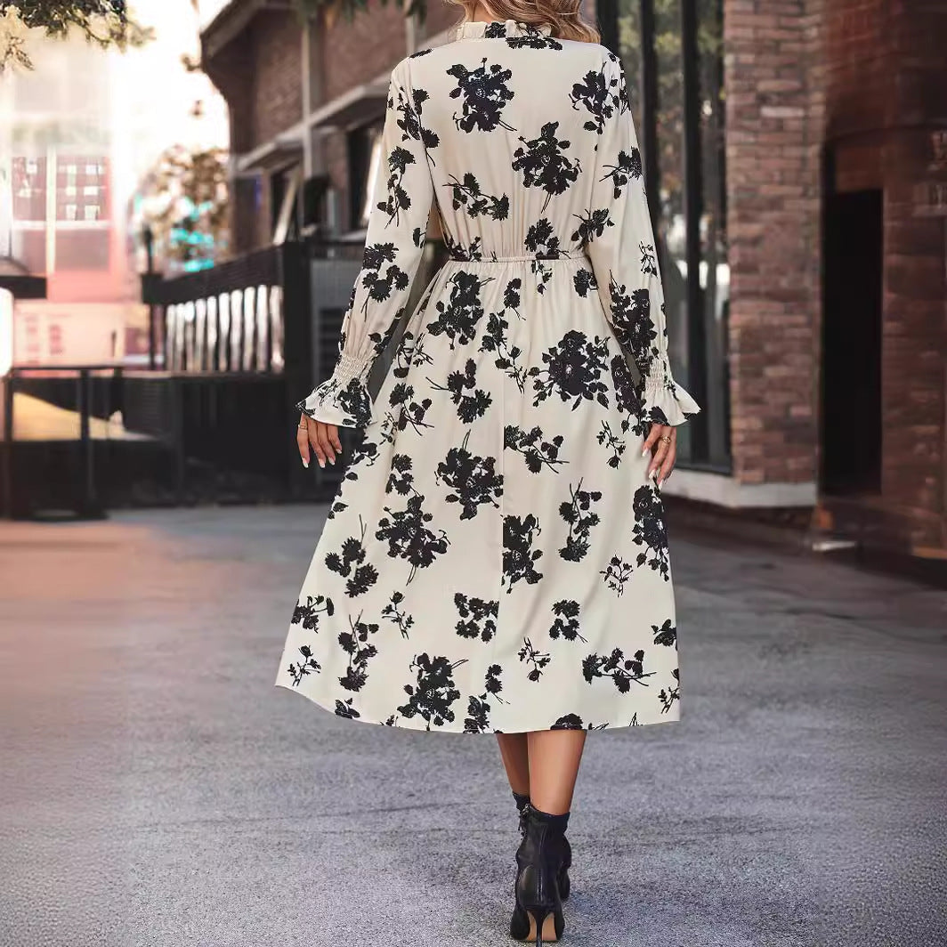 Damen Maxikleid mit floralem Print und angenähtem Bindeband EB