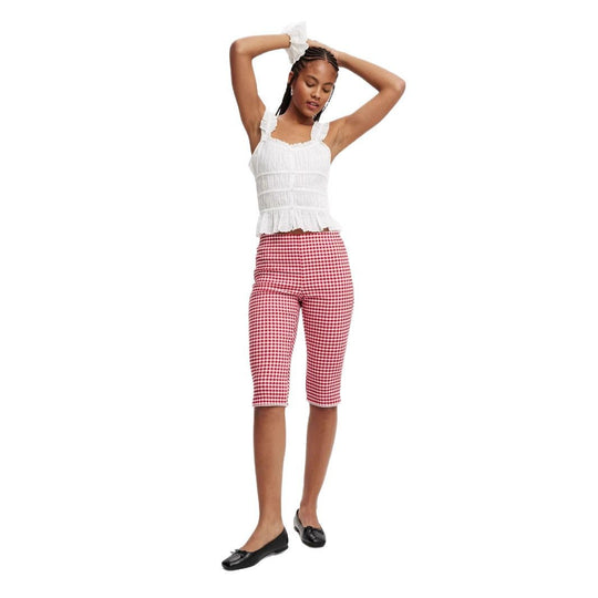 Damen luftiges Rüschentop mit Spitzenakzenten und karierter Hose EB