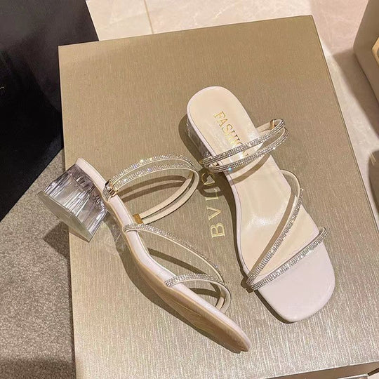 Damen elegante High-Heel Sandalen mit verziertem Riemendesign und transparentem Blockabsatz EB