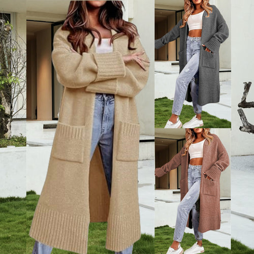 Damen Langer Strickcardigan mit tiefen Taschen und eleganter Struktur EB