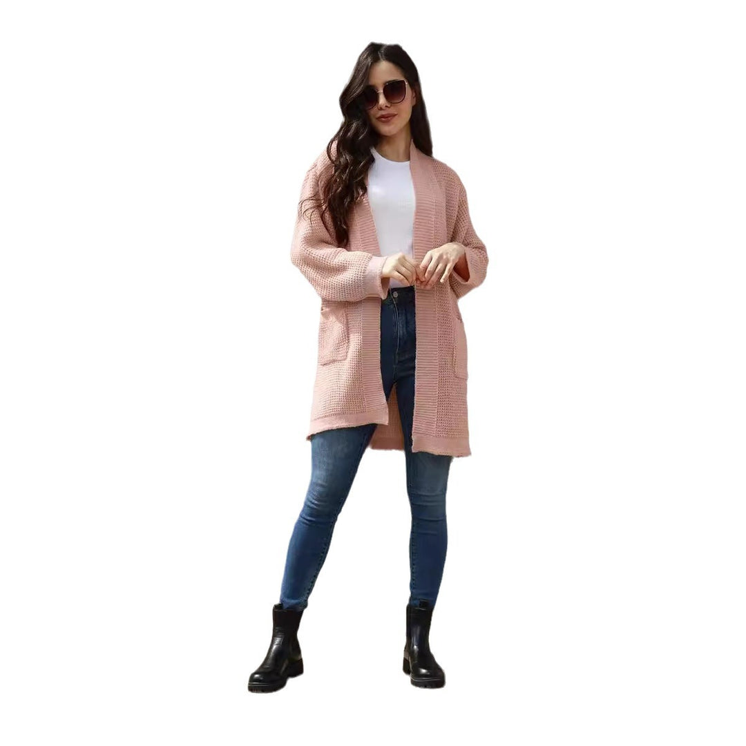 Damen lässiger Strickcardigan mit offenen Taschen und modernem Waffelmuster EB