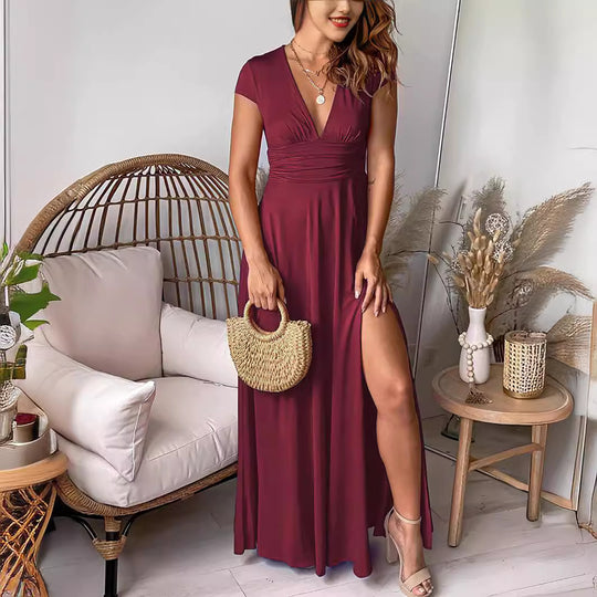 Damen Elegantes Maxikleid mit V-Ausschnitt und hohem Beinschlitz EB