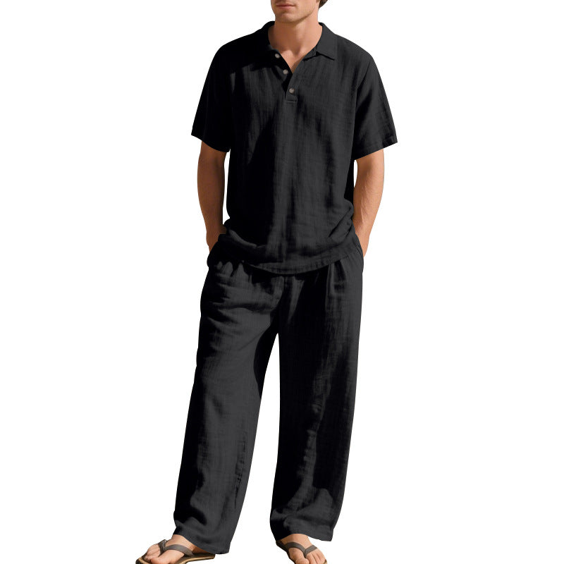 Herren nan luftiges Leinen-Ensemble mit Polokragen und regulierbarer Bundhose EB